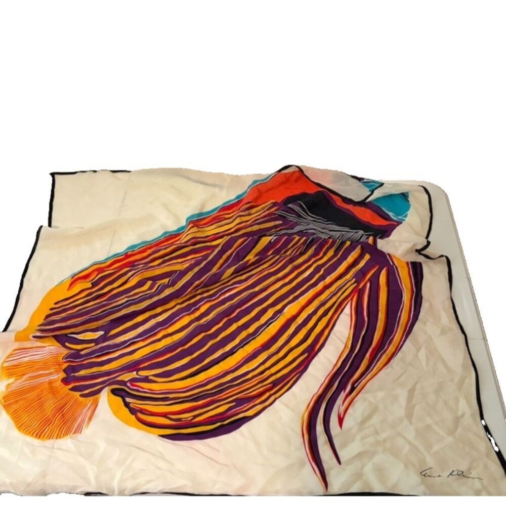 Anne Klein 100% Silk Scarf Fish Colorful Square Lightweight 29" Vintage